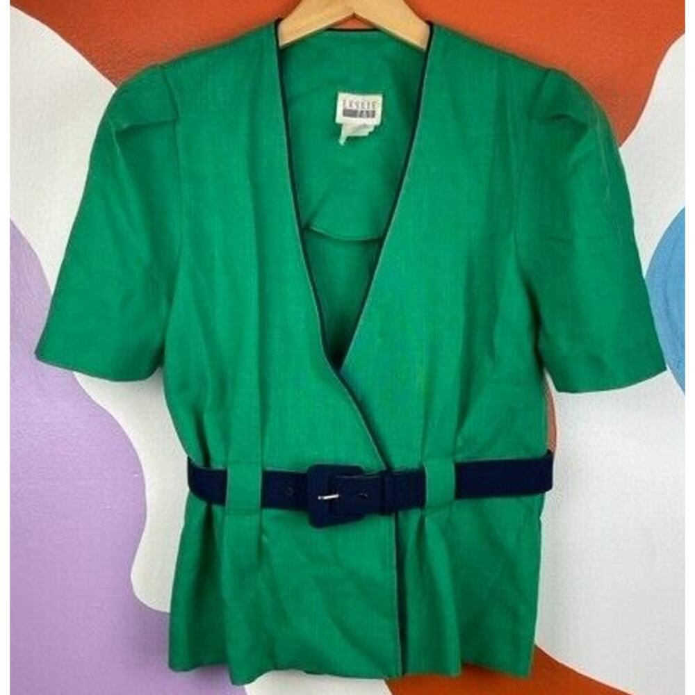Vintage Leslie Fay Blazer Womens Size 8 Short Sleeve Green Belt Jacket Suit USA